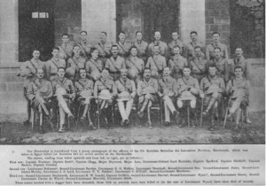 Officers of the 1/6th (Rochdale) Battalion Lancashire Fusiliers, pictured just prior to landing at Gallipoli, amongst them are Manchester University ex-students Eric Duckworth and Alfred Clegg both killed in the fighting at Krithia Vineyard in August 1915. (Image by kind permission of Martin Purdy & Moonraker Publishing:thegallipolioak.co.uk)